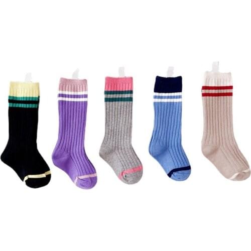 Girls New Design Hot Sale Korean Style Color Patchwork High Elastic Middle Socks High Quality Knitted Cotton Socks
