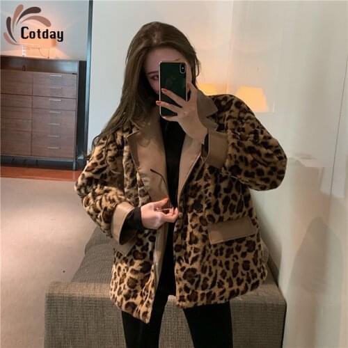 Cotday Leopard Print Matching Single Breasted Korea Style Fashion Leather Loose Versatile Women Vintage Plush Cotton Fur Coat