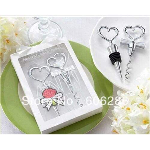 Wholesale 100sets/lot Heart Shape for Couple wine bottle opener and Stopper Sets Wedding Favors Gifts ,party supplies