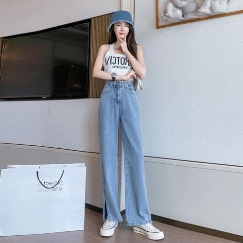 Autumn Denim Trousers Vintage Wide Leg Pants Women Light Blue Street Straight Pants High Waist Casual Loose Split fork Jeans2021