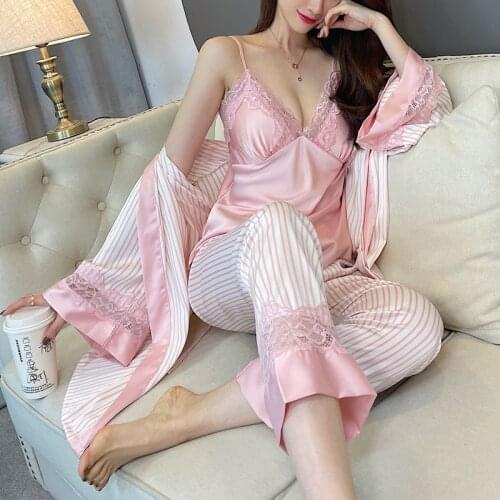 Sleepwear Women 3 Piece PJS Sleep Suit Satin Pajamas Set Sexy Lace Nightwear Home Clothes Soft Intimate Lingerie New Lounge Wear