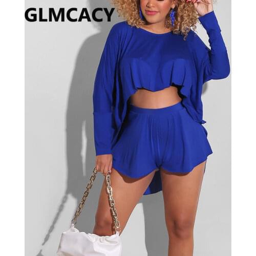 Two Piece Casual Loose Suits Solid Batwing Sleeve Croptop & Loose Shorts Set