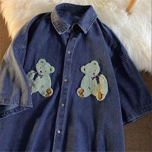 Blue Bear Blouse Shirt Girls Funny Summer Oversize Shirt Women Harajuku Loose Kawaii Print Tops Hip Hop Cute Clothes Shirt