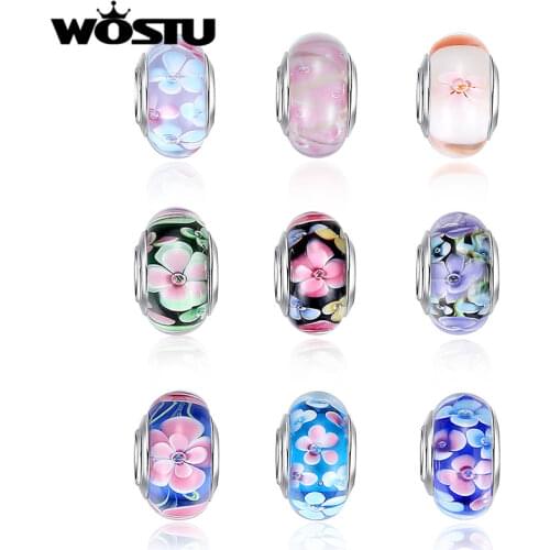 WOSTU Hot Sale Silver Plated Flower Murano Glass Beads Fit Original Bracelet Bangles Charms DIY Jewelry Making Round Beads 1Pcs