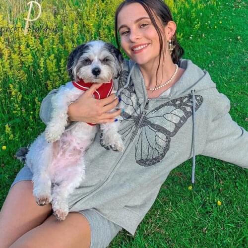 Y2k Autumn Fashion Oversized Butterfly Graphic Rhinestone Zip Up Hoodies E-girl 90s Streetwear Diamond Black Long Jacket Clothes