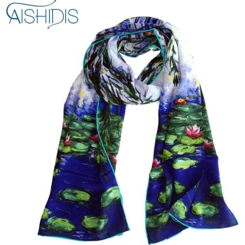 Lady Luxury Silk Long Wraps & Scarves Women Wedding Dress Brand Bufandas Scarf Oil Works Claude Monets Water Lilies