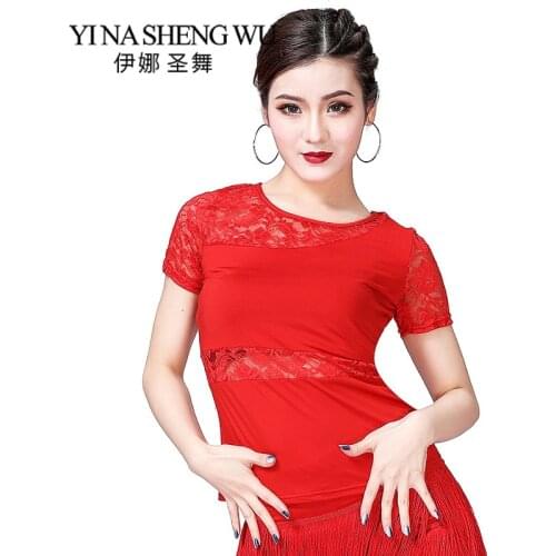 New Women Latin Dance Lace Top Short Sleeves Practice Clothes 1Pc Square Dance Modern National Standard Dance Practice Clothing