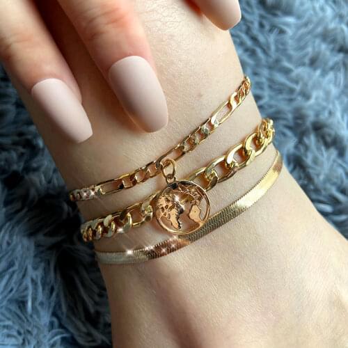 JUST FEEL Vintage Gold Silver Color Metal Anklet Girls Geometry Round World Map Anklet Bracelet On Leg Barefoot Beach Jewelry