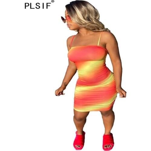 2020 hot fashion gradient color lady dress summer sexy spaghetti strap dress sexy back hollow out beach style tight short dress