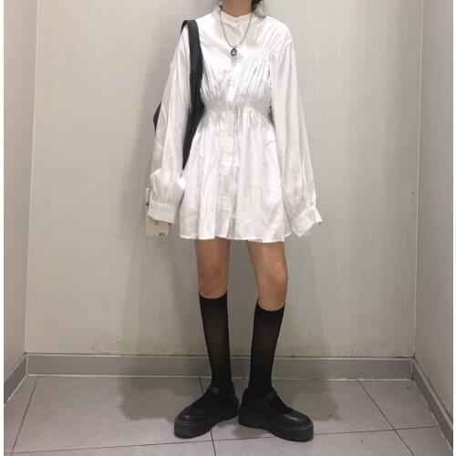 Women Simple Design Chic Black White Bottoming Dress Long Sleeve Casual Slim Long Shirts Dress Retro Waisted A Line Mini Dress