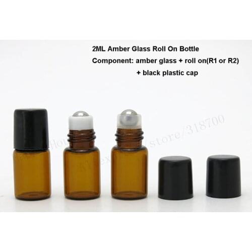200 x 2ml Small Refillable Amber roll on bottles for essential oils refillable perfume bottle with black lid