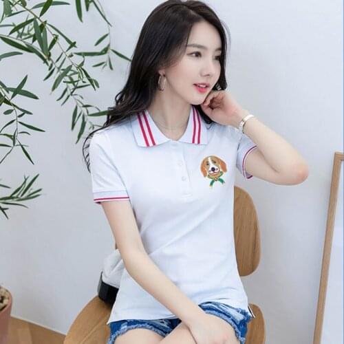 2021High Quality Dog Embroidery Fashion Korean Polo Shirts Women Short Sleeve Cotton Casual Polos Tops Female Turn-Down Collar