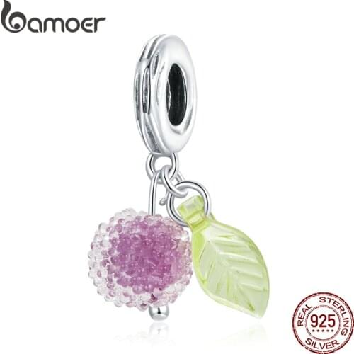 Bamoer Resin Fruit Bead Pendant Charm Pink Colorful Leaves 925 Sterling Silver Jewelry for Original Bracelet Bangle SCC1802