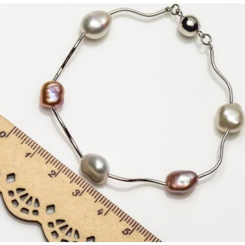 Baroque White Purple Natural Freshwater Keshi Pearl Bracelet 925 Sterling Silver