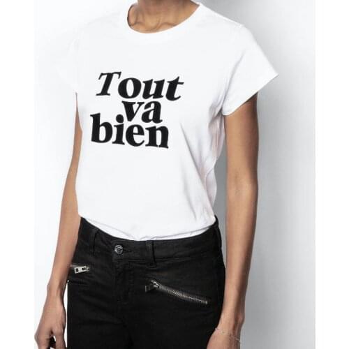 White Cotton Tshirt Round Neck Front Contrast Color Slogon Tout va bien Letters Print Tops Tee Woman T-shirts 2021 Summer
