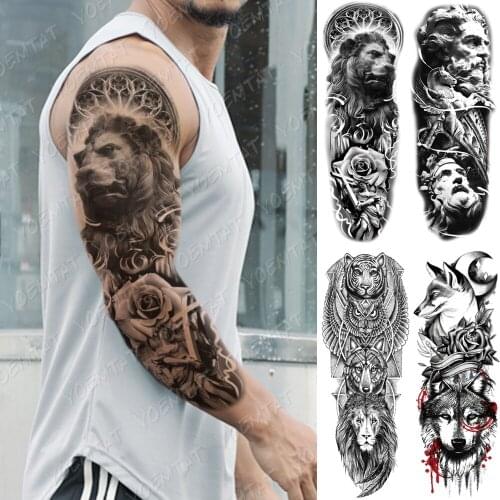 Large Arm Sleeve Tattoo Sculpture Angel Warrior Lion Waterproof Temporary Tatto Sticker Fox Body Art Full Fake Tatoo Women Men
