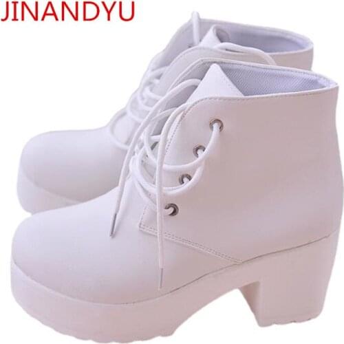 Black Lace Up Boots Platform Heel White Shoes Women Leather Boots Ladies High Heels Boots for Women Fashion Chunky Heels Comfy