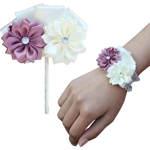 Girl Bridesmaid Wrist Corsage Bridal Silk Rhinestone Simple Wrist Flower Elastic Wrist Wedding Prom Hand Flower Decoration