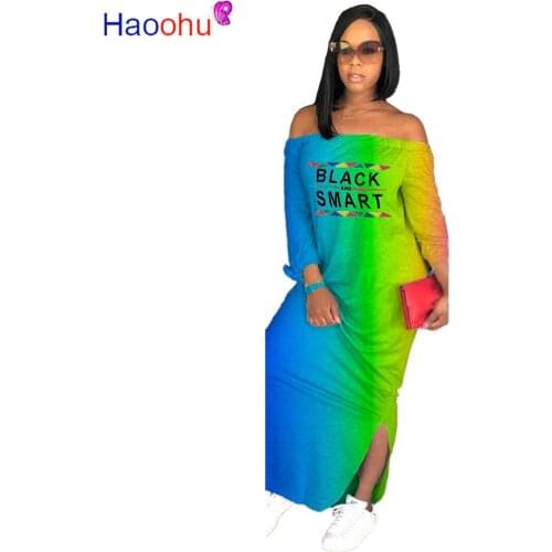HAOOHU Women Summer Gradient Black Smart Print Off Shoulder Slash Neck Slim Beach Maxi Dress Sexy Beach Party Long Dresses