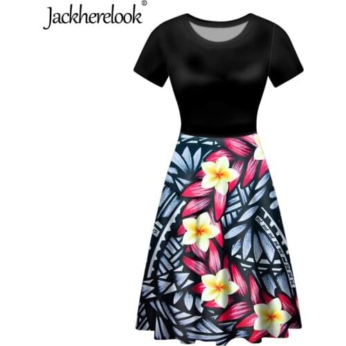 Jackherelook Women Summer Elegant Dress for Girls Polynesian Tribal Plumeria Flowers Design O Neck Short Sleeved Party Dresses