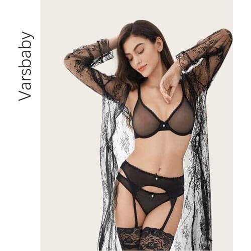 Varsbaby Bra Set Women Sexy See Through Lingerie Ultra Thin Underwire Bra+Garter+Thong+Stockings+Lace Robe Nightgown