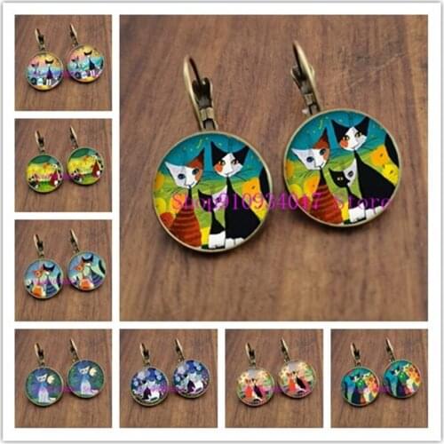 Colorful Family of Cats Girl Stud Earring Abstract Oil Painting Kitten 15mm Glass Cabochon Womens Earrings Gift for Wedding