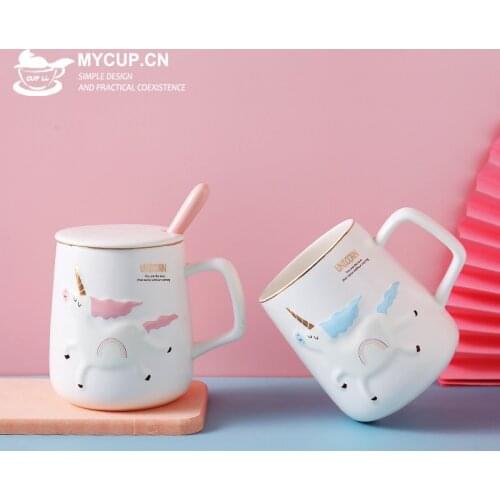 Cartoon Coffee Mug with Lid Spoon Cute Personalised Juice Ceramic Mug Creative Large Capacity Esspresso Cups Couple Gift DA60MKB