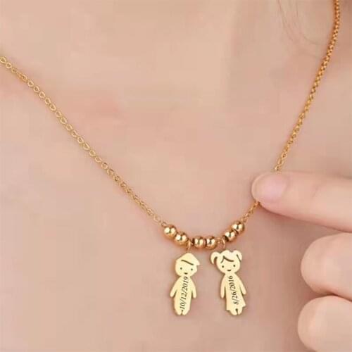 Stainless Steel Personalized Boy Girl Kids Pendant Necklace Women Child Engraved Name Date Beads Necklace Family Jewelry Gifts