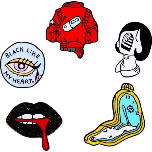 Pill Jackets Eyeliner Lips Enamel Pins Twisted Clock Girl Brooch Denim Shirt Lapel Pin Badges Punk Cool Jewelry Gift for Friends