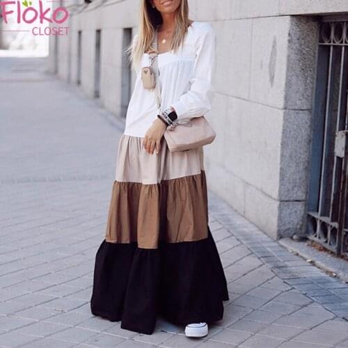 Flokocloset Casual Long Sleeve Maxi Dresses for Women Party Sundress Contrast Color Vestidos Female High Waist Robe