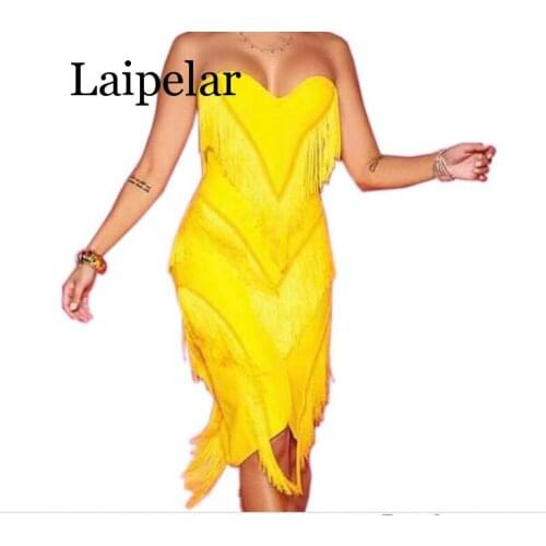 Sexy Tassel Splicing Strapless Evening Bodycon Dress Women Back Zipper Fly Skinny Midi Club Dress Lady Club Party Outfits