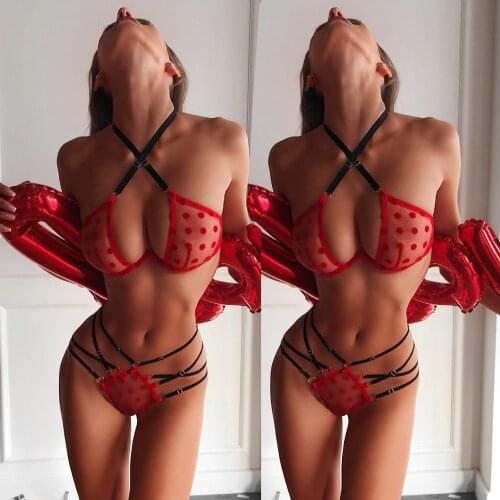 Sexy Lace Bra Hollow Dot Bodysuit New Women Mesh Sexy Red Lingerie Plus Size Wireless Bra Panty Pajamas Set Underwear For Women