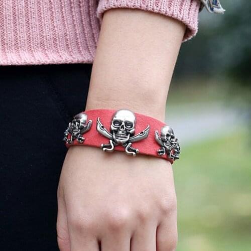 Silver Skull Bracelet Men Punk Rock Vintage Viking Jewelry 2017 Red Leather Corsair Charm Hand Bracelet Cuir Femme