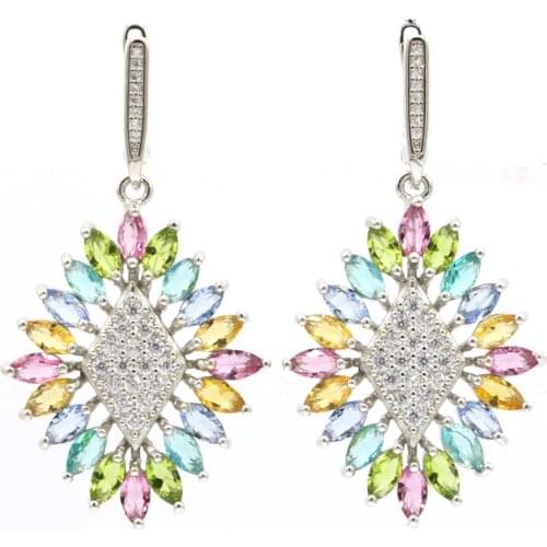 39x17mm SheCrown Luxury Created Rich Blue Aquamarine Cubic Zircon For Women Bride Wedding Silver Earrings Daily Wear