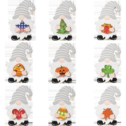 T84E Wooden Gnome Decor Home Table Sign with 9pcs Interchangeable Seasonal Icons Ornament for Halloween Christmas