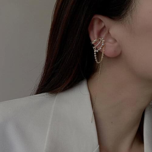 Three Layers Stackable Circle Pearl Long Link Chain Tassel Ear Cuff Fake Piercing Earcuffs Faux Earrings for Women Gifts