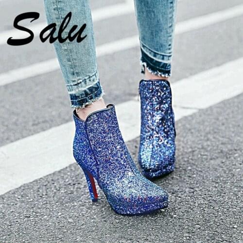 Salu Women Ankle Boots Platform All Match Pointed Toe Thin High Heel Pu Leather Winter Shoes Ladies Boots Big Size 46 47 48