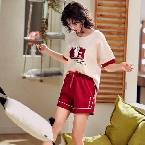2019 Summer cotton Short sleeve Pajama Set cartoon Print sleepwear for Women Pajamas short pant Set Nightwear Pijamas