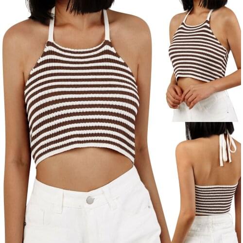 Backless Knitted Striped Halter Camisole Women Sexy Sleeveless Crop Cami Tops Striped Print Color Block Crochet Camisoles