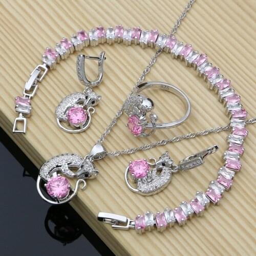 Fox 925 Silver Bridal Jewelry Sets Pink CZ For Women Earrings Rings Dropshipping Animal Dubai Jewelry Kits