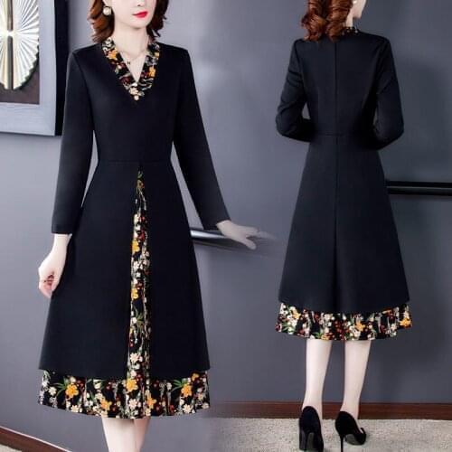 2021 New Womens Print Splicing Dress Female Elegant Fake Two Pieces Dresses Ladies Large Size Long Sleeve Slim Vestidos H324