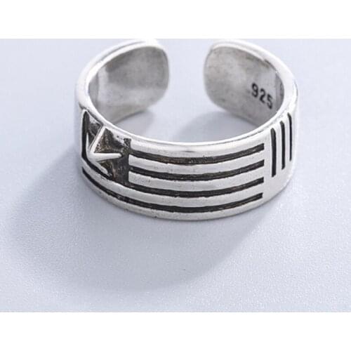 Flag Five-pointed Star Pentagram Retro Vintage 925 Sterling Silver Adjustable Ring For Women Delicate Trendy Jewelry Gift