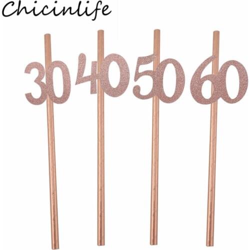 Chicinlife 10Pcs Rosegold Number 30 40 50 60 Drinking Paper Striped Straws Adult Happy Birthday Party Favors Anniversary Supplie