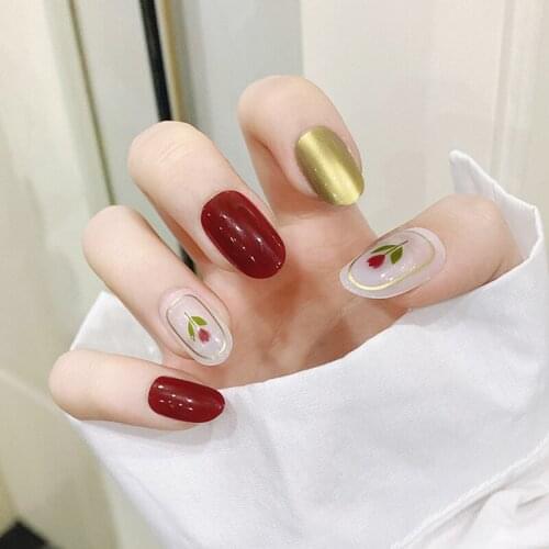24pcs Artificial Nails With Glue Golden Red Rose Wear Long Paragraph Fashion Manicure Patch False Nails Save Time DL