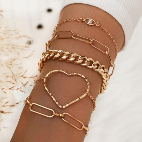 5 Pcs/Set Fashion Crystal Bracelets for Women Gold Chain Heart Bracelets Set Boho Statement Bracelet Jewelry Accessories