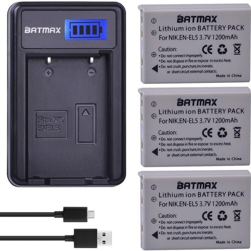 Batmax 3Pcs EN-EL5 EN EL5 ENEL5 Battery +LCD USB Charger for NIKON Coolpix P530 P520 P510 P100 P500 P5100 P5000 P6000 P90 P80