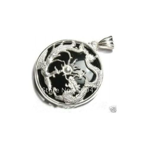 Free Shipping>>>Black jade silver dragon phoenix pendant necklace