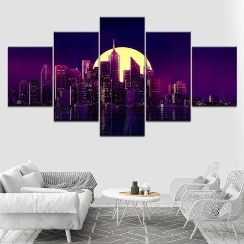 A larger yellow moon begin buildings 5 Piece HD Wallpapers Art Canvas Print modern Poster Modular art painting for Living