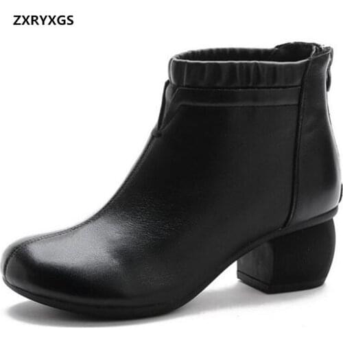 Promotion New Top Cowhide Autumn Leather Boots Womens Boots Soft Sole Comfortable Thick Heel Non-slip Short Boots Retro Boots