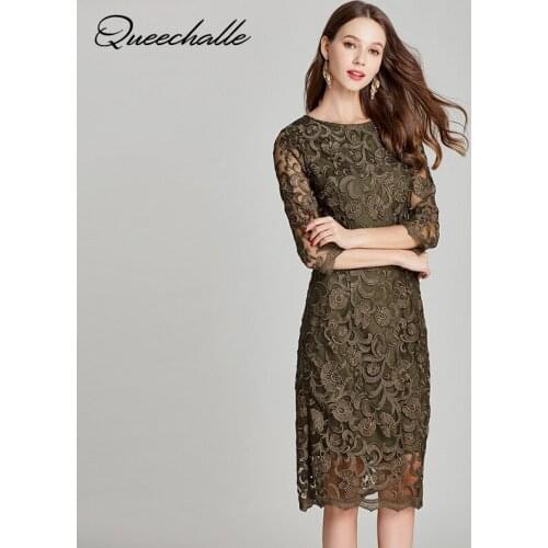 Queechalle Army green elegant lace dress Autumn Womens plus size hollow out embroidery bodycon dress party evening vestidos